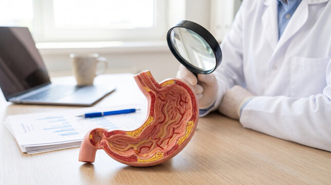 Doctor using a magnifying glass to examine a stomach anatomical model on a desk in a medical office