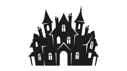 Fototapeta premium Spooky haunted mansion silhouette icon with multiple towers and chimneys for Halloween