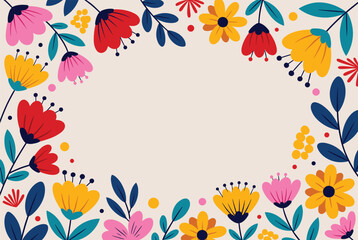 Fototapeta premium Beautiful floral frame design with various colorful red, pink, and yellow flowers with blue leaves around a central copy space area.