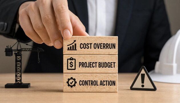 Business professional managing cost overrun and project budget with control action blocks on wooden table