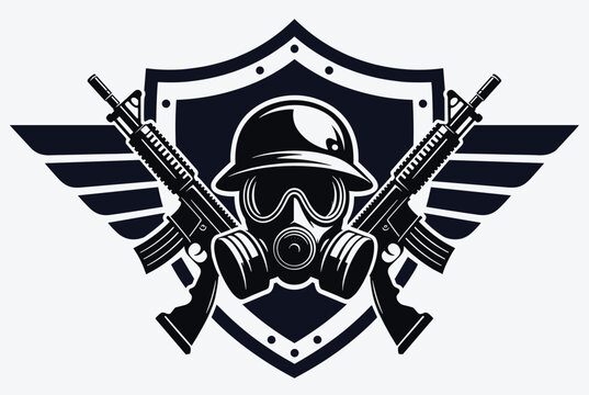 Bold black and white military emblem featuring a soldier in a helmet and gas mask with crossed assault rifles over a winged shield.