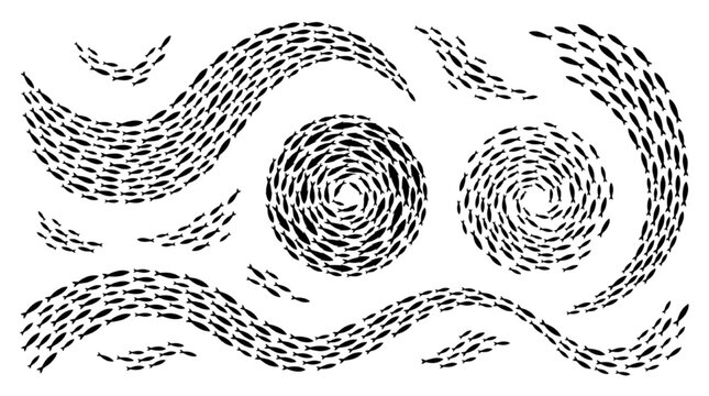 Abstract Illustration of a School of Fish Swimming in Dynamic Spirals and Waves