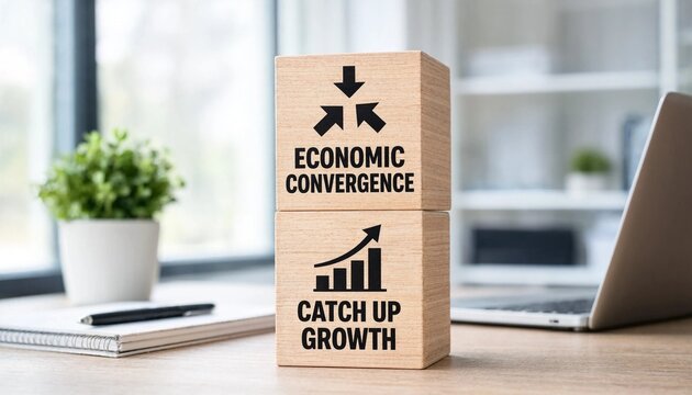 Economic growth concept illustrated with convergence and upward trend blocks on office desk