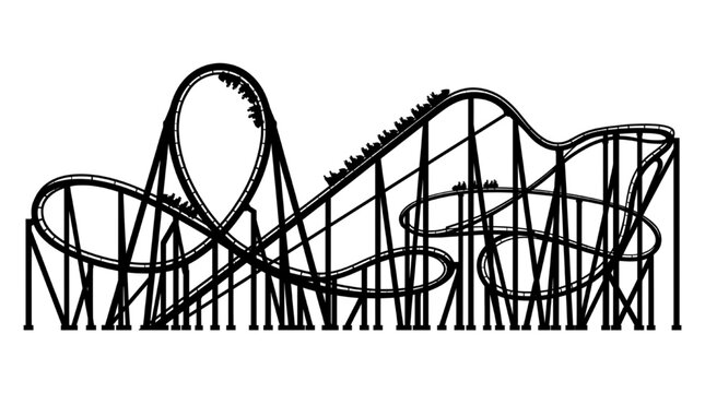 Outline Illustration of a Thrilling Roller Coaster Ride in an Amusement Park