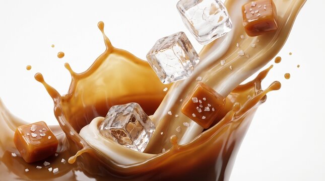 Salted caramel sauce splashes with ice cubes in a refreshing cold beverage concept.