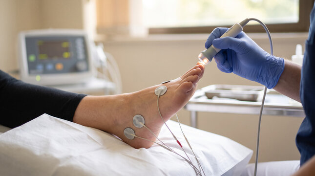Doctor using probe on patient foot with electrodes for nerve conduction and EMG neurological diagnosis