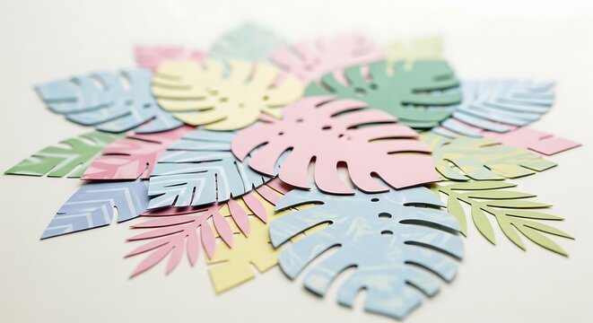 Colorful paper cutout monstera and palm leaves arranged in a circular pattern on a clean white background, for a tropical, summer theme