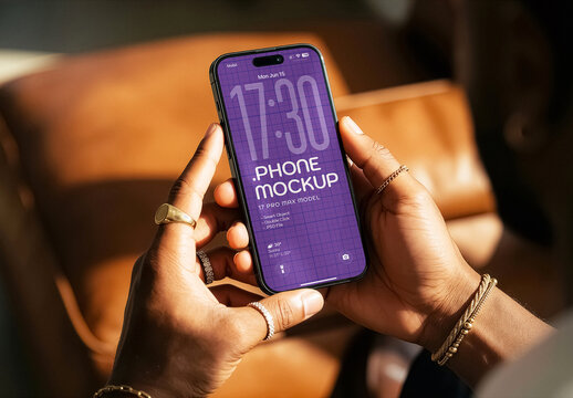 Modern Phone Mockup Held In Hands. Clean Mobile Display For Branding