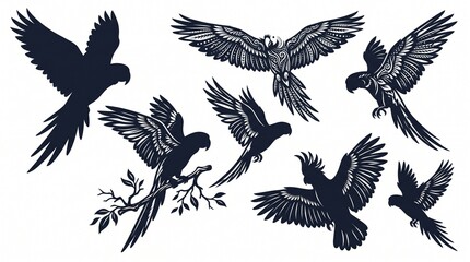 Fototapeta premium Set of flying parrot silhouettes. Tropical bird icons in dynamic poses for design.