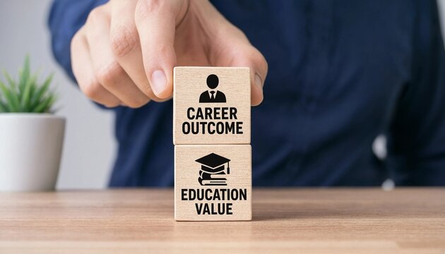 Person stacking wooden blocks representing career outcome and education value on a wooden desk