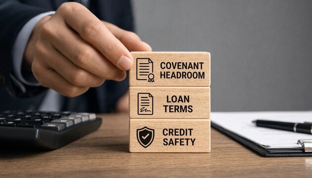 Professional placing wooden blocks illustrating key financial concepts like covenant headroom loan terms and credit safety on desk