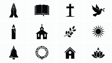 Fototapeta premium Minimalist black religious symbols icon set with high contrast collection twelve minimalist icons representing various religious spiritual symbols against plain background