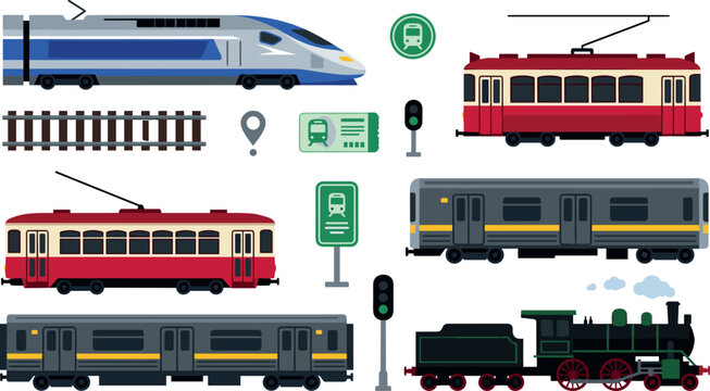 Train and public railway transportation vector elements set including modern high speed train vintage steam locomotive city tram subway metro passenger wagons icons