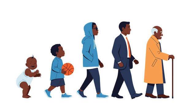 Illustration showing the growth stages of an African American male from an infant to a child, teenager, adult, and elderly man.