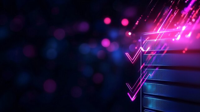 Futuristic neon digital art background with glowing arrows and abstract bokeh effects for technology theme design or data transfer concept in virtual environment