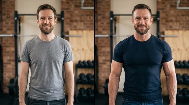 man standing in gym with dumbbells and barbell, before-after fitness transformation.