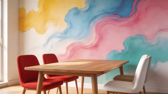 Dining room with colorful wall mural