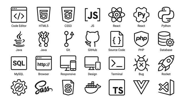 A comprehensive collection of outline style web development and programming language icons displayed on a neutral white background for technical use.