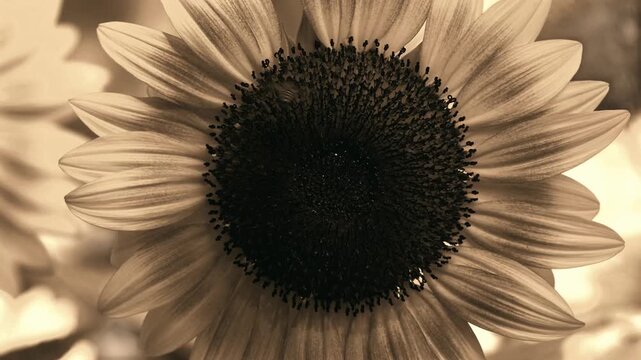 Nostalgic sepia macro of a honey bee foraging and pollinating sunflower disk florets