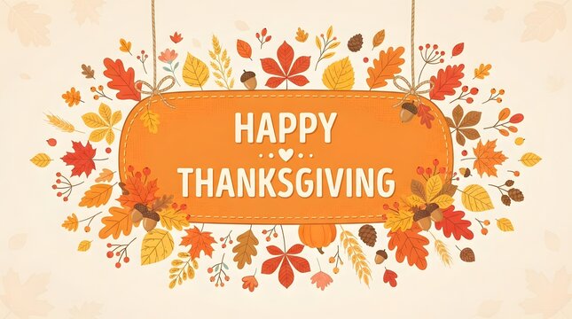 A festive happy thanksgiving greeting card design featuring a decorative orange banner surrounded by colorful autumn leaves and fall foliage on a light beige background