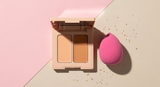 Open compact case with two shades of beige foundation powder and a pink makeup sponge on a split pink and beige background surface