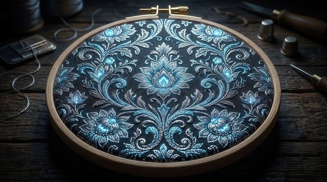Bioluminescent embroidered fabric in a wooden hoop showcasing intricate floral patterns with blue and silver threads on a dark background, surrounded by sewing tools