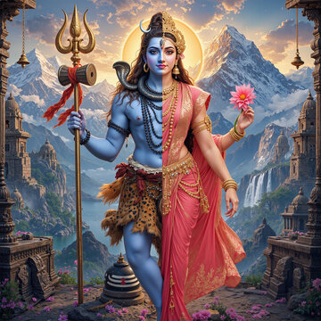 Beautiful Ardhanarishvara form of Lord Shiva and Parvati united in one body. Split vertically: blue Shiva with trident and tiger skin on the right, graceful Parvati in pink sari