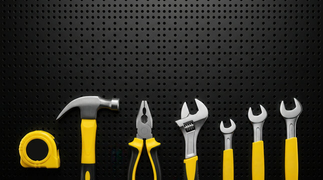 DIY hand tool set arranged in a knolling style on a black perforated background, featuring a hammer, pliers, adjustable wrenches, and a measuring tape