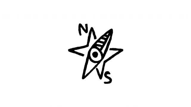 4K animated navigation compass doodle icon with boiling line motion. Frame by frame line art on black and green screen chroma key background for north direction, travel orientation, and voyage.