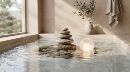 Zen Balanced Stones and Glowing Glass Sphere in Spa Water Bath © ALAMIN
