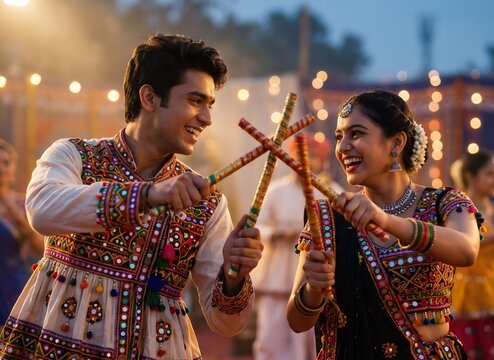 Young Couple Playing Dandiya Raas &ndash; Traditional Navratri Dance Celebration