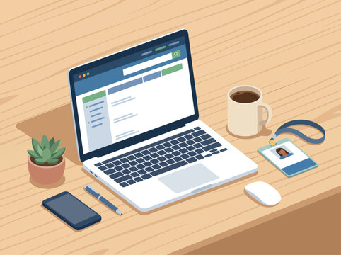 A laptop displays a job search website, alongside a coffee cup and ID badge.  A modern workspace setup evokes career planning and professional growth.  Clean, bright, and inviting.