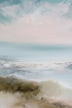 Abstract seascape painting capturing serene ocean waves breaking on a coastal shore under a soft tranquil sky