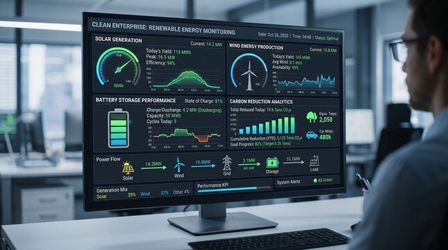 Engineer analyzing renewable energy grid metrics on large computer monitor.