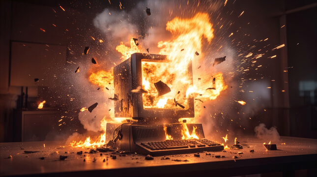 Desktop computer monitor exploding and catching fire on office desk. Electrical malfunction causing fire and sparks in dark room.