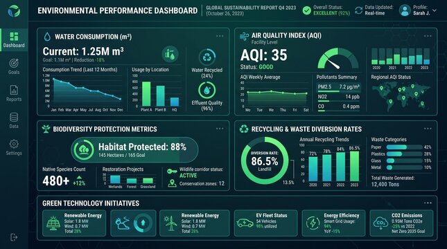 Digital environmental performance dashboard showing water consumption, air quality index, biodiversity protection, recycling rates, and green technology initiatives in a modern UI.