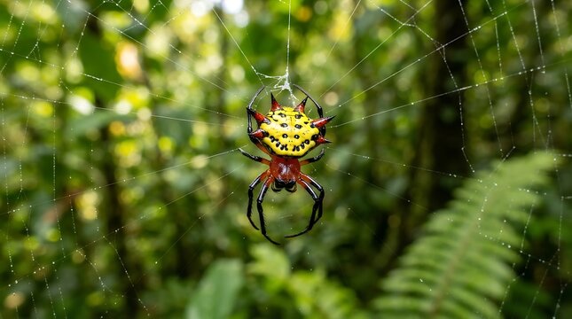 Colorful garden spider sitting in green foliage with intricate web pattern