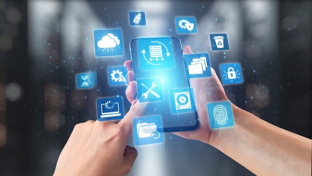 Data recovery icons show backup, data recovery process, and secure restoration. Data recovery ensures system reliability, data recovery protection, and information access. Gist