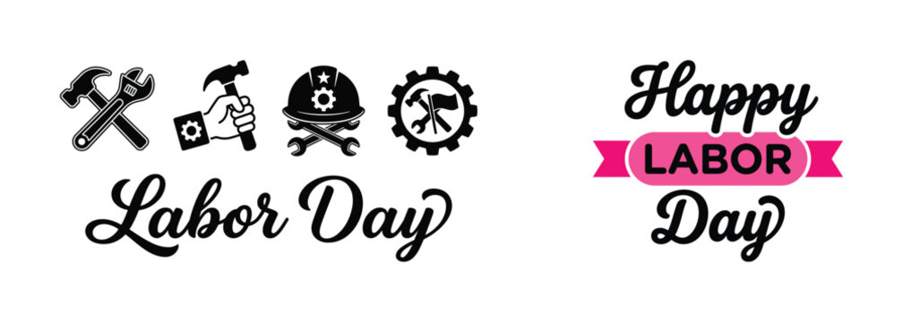 Happy Labor Day script lettering with hammer wrench, hard hat and gear tool icons, plus pink ribbon variant, vector style for banners, posters, greeting cards, and flyers