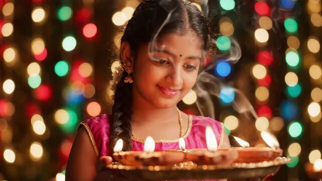 Young indian girl holding a tray of lit diyas for diwali celebration