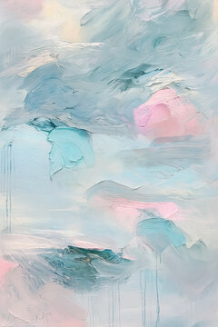 Abstract painting depicting pastel blue and pink brush strokes, creating a soft dreamy cloudy texture background