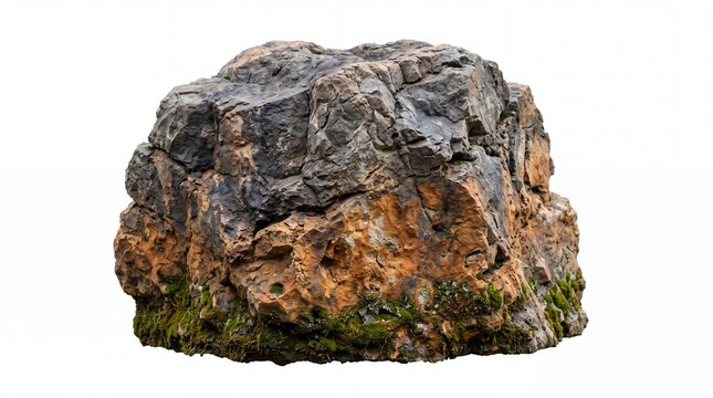 Large weathered mountain stone with green moss and rough textured surface isolated on white background