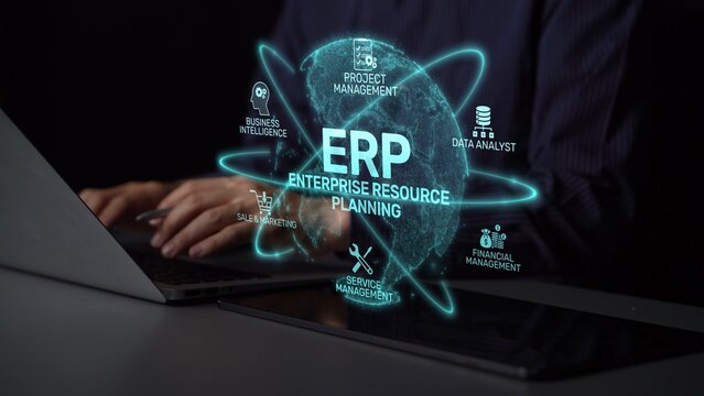 ERP platform visual showing centralized system for enterprise resource planning, improving integration, data flow, business efficiency, finance, inventory, and human resources. Muxer