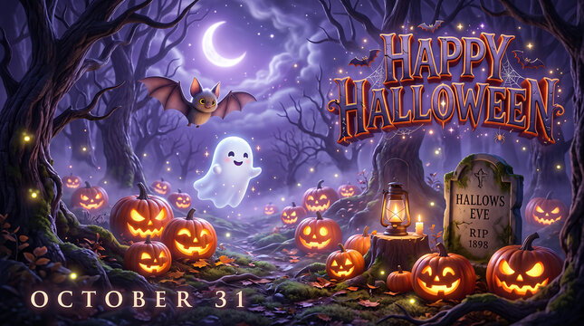 Mysterious dark forest scene with glowing fireflies and autumn trees Halloween, Happy Halloween, Halloween 2026, Spooky Season, Halloween Art, Halloween Design, Halloween Graphics