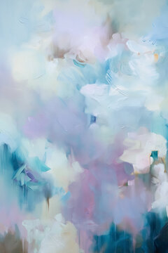 Abstract painting creating a calming atmosphere with soft, fluid brushstrokes and pastel colors of blue, lavender, and teal