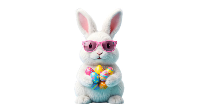Cute white easter bunny wearing pink sunglasses holding colorful eggs isolated on transparent background