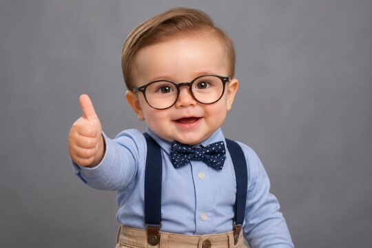 A young child appears happy while giving a thumbs up gesture. He wears glasses, a bow tie, and suspenders. The background is plain and gray, and the child seems joyful.