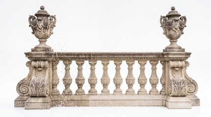 Fototapeta premium Ornate stone balustrade featuring detailed classical pedestals and decorative water splashing elements on white background