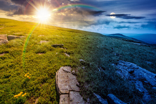 carpathian mountain landscape on summer solstice. day meet night. nice view of a grassy alpine meadow. sun and moon harmony over rock and herbs on the hill. astrology mountain wallpaper with epic sky