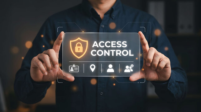 Businessman holding glass interface with access control and security icon
